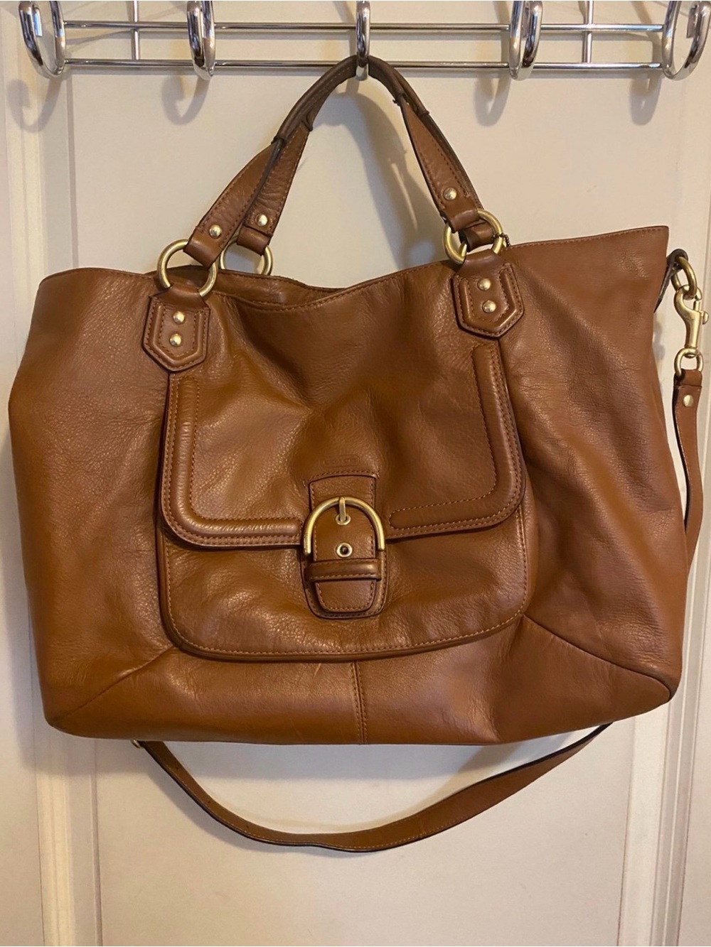 Coach Campbell Brown Leather Tote with Front Buckle Pocket